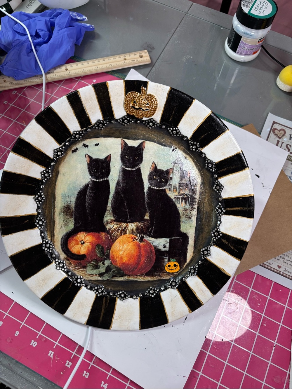 Handcrafted Black Cat Halloween Decorative Wall Plate - Black & White